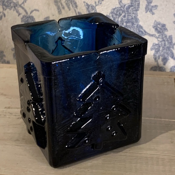 VTG Cobalt Blue Pressed Glass Christmas Tree 3” Square Candle Votive - Picture 2 of 8